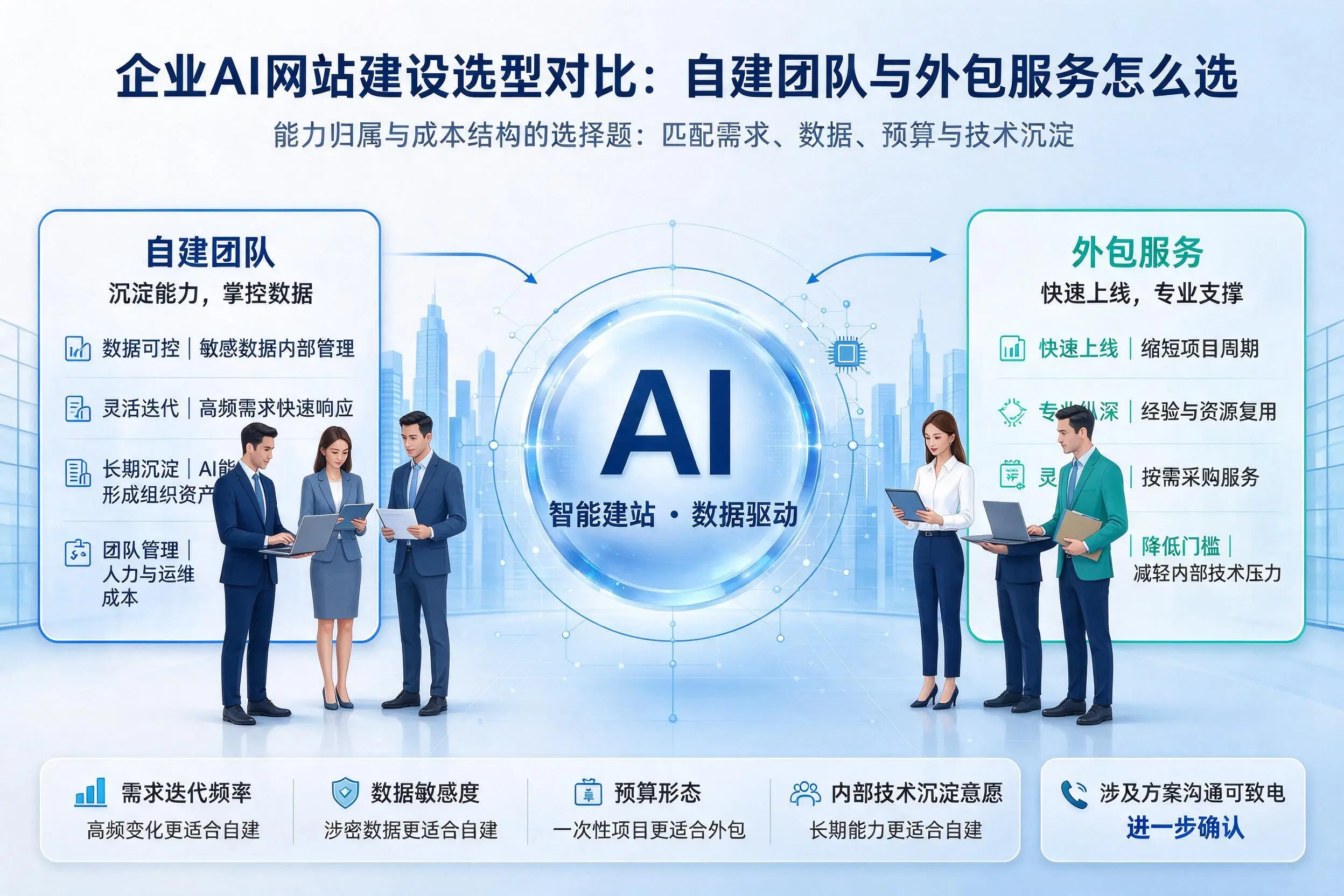 广安企业AI网站建设选型对比：自建团队与外包服务怎么选